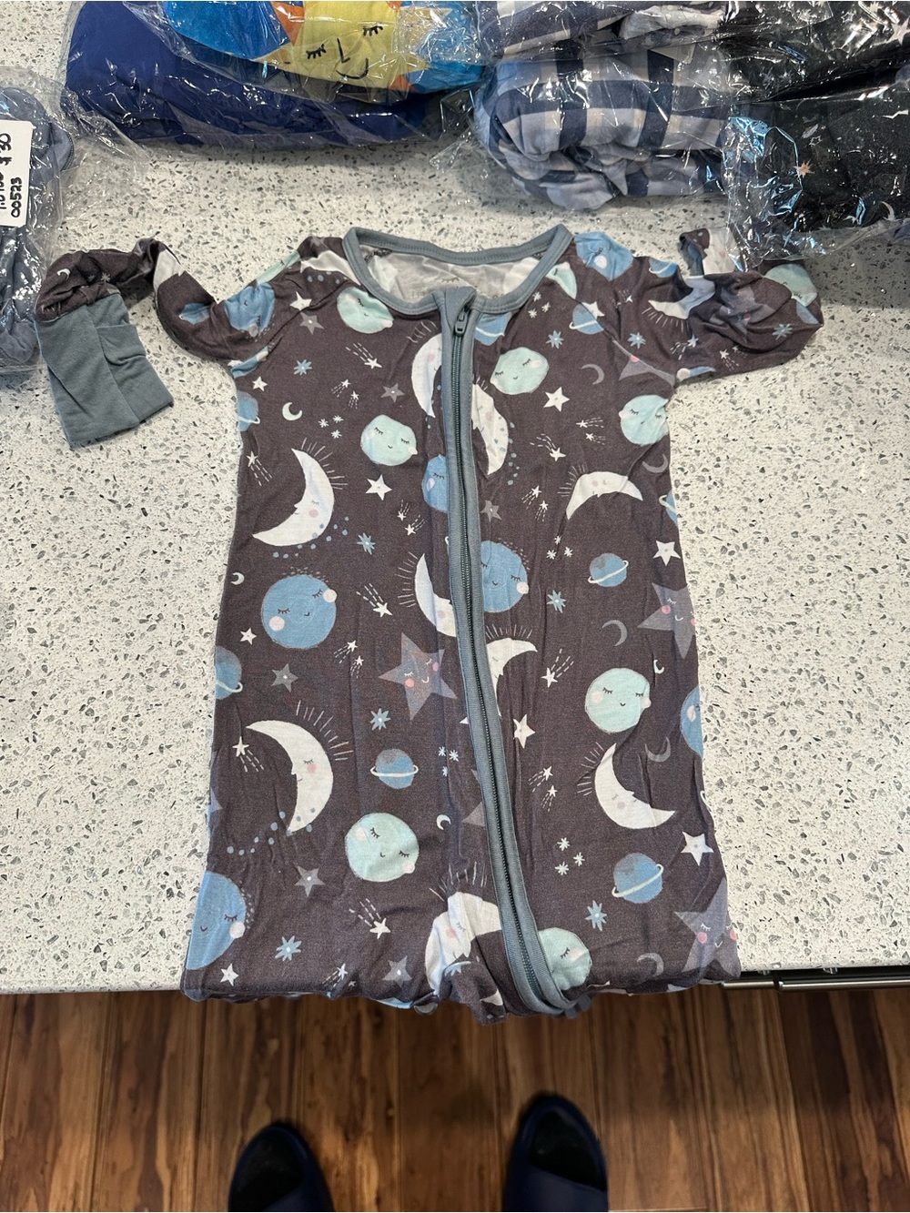 Little Sleepies Space Print Zip Footie - Gray with Blue Accents
